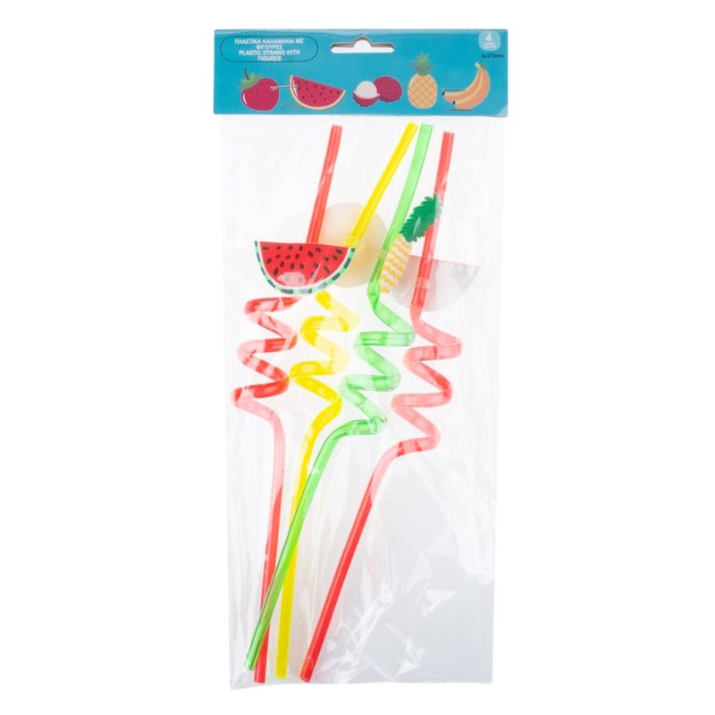 Casa si Gradina - Bucatarie si vesela - Accesorii bar - Paie si decoratiuni cocktail - Set paie reutilizabile, spiralate, multicolor, 4 bucati, figuri fructe - Infinity.ro