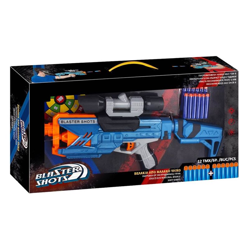 Jucarii, Copii si Bebe - Jucarii si jocuri - Jucarii de rol - Arme de jucarie - Arma jucarie blaster shots, shooter, cu 12 sageti spuma si tinta, albastru portocaliu - Infinity.ro