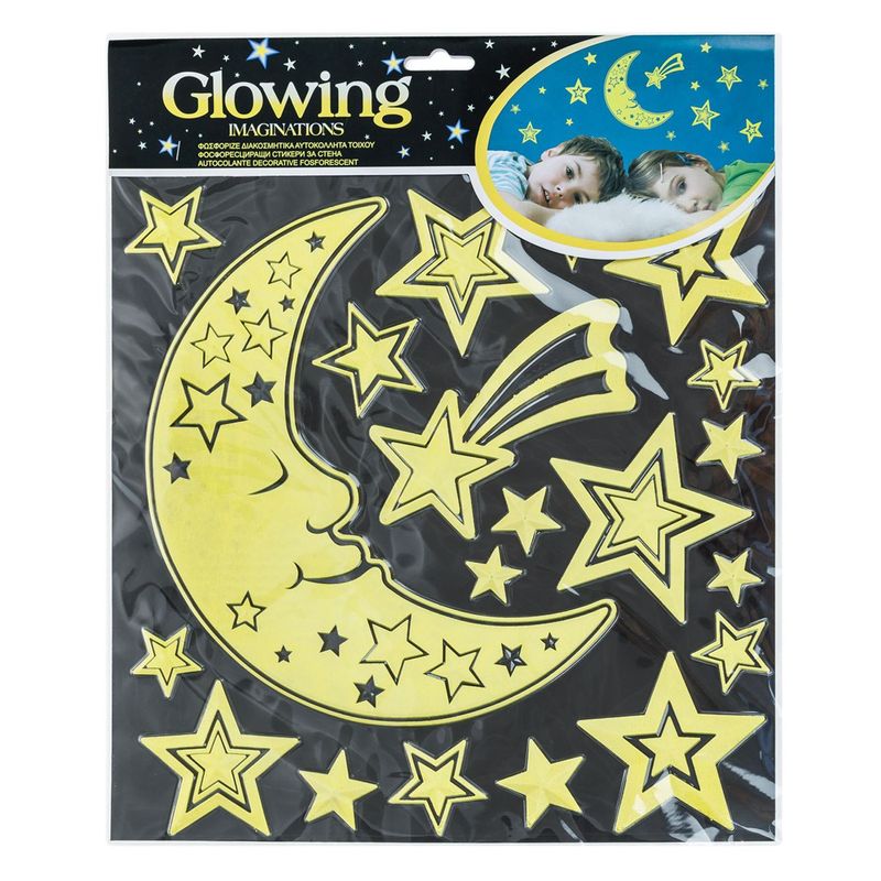 Carti si Birotica/Papetarie/Hartie si topuri/Autocolant - Autocolante decorative de perete glow in the dark, stele si semiluna, multicolor, set 30 bucati - Infinity.ro