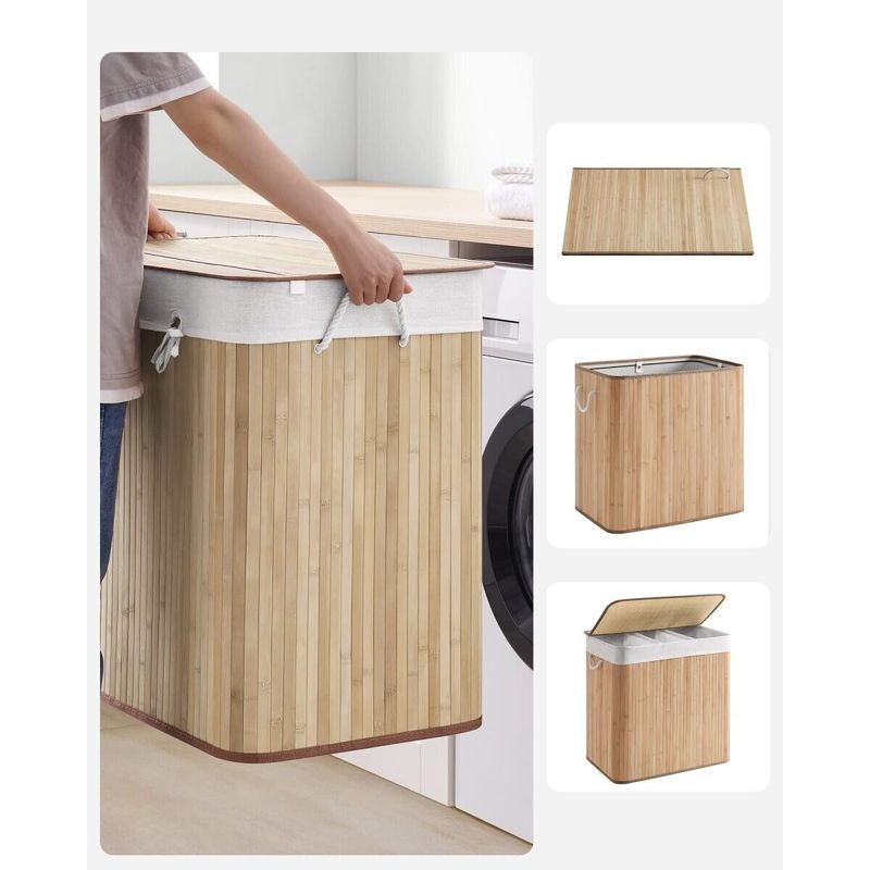 Market - Spalare si intretinere rufe - Uscatoare de rufe si accesorii - Cos rufe, 3 compartimente, bambus, natur, 150 L, 60x40x61.5 cm, Artool - Infinity.ro