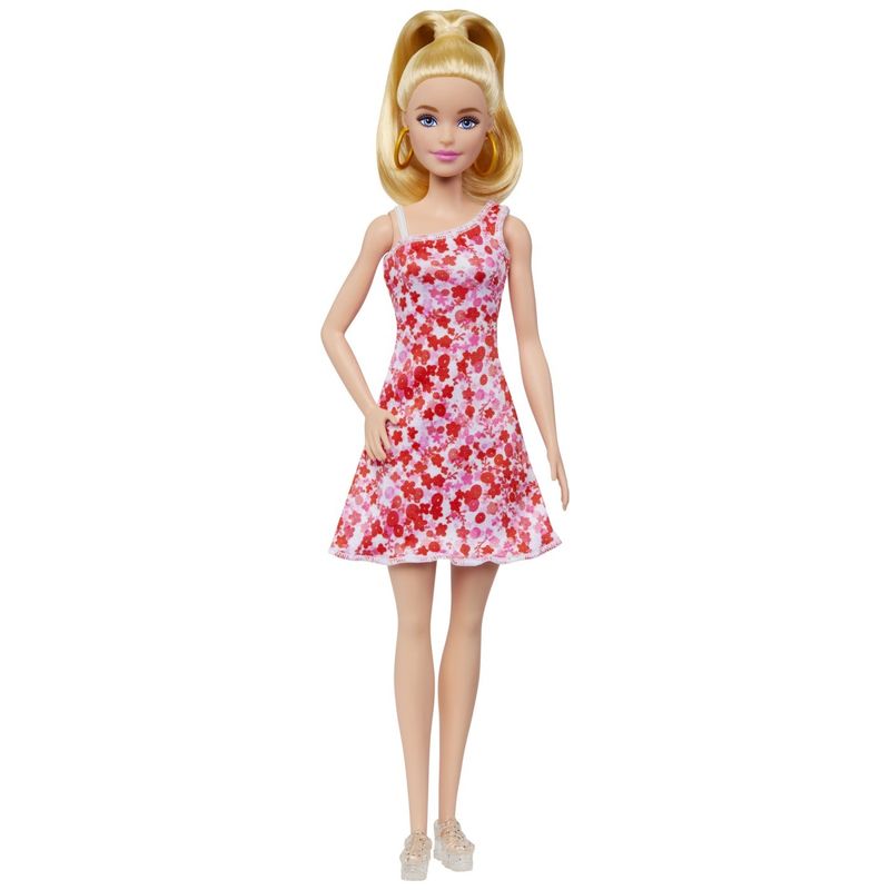 Jucarii, Copii si Bebe - Jucarii si jocuri - Papusi si accesorii - Papusi - BARBIE PAPUSA BARBIE FASHIONISTA BLONDA CU PARUL PRINS IN COADA SI ROCHIE CU FLORICELE - Infinity.ro