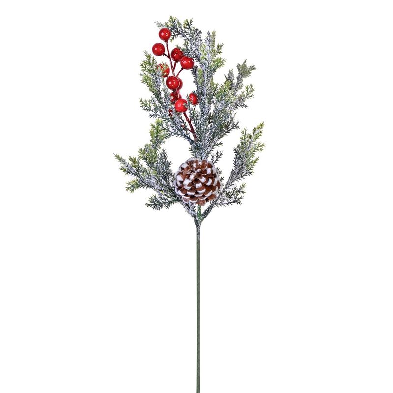 Casa si Gradina - Decoratiuni - Decoratiuni de sezon - Crenguta decorativa brad, model craciun, culoare verde, conuri si pomusoare rosii, inaltime 43cm - Infinity.ro