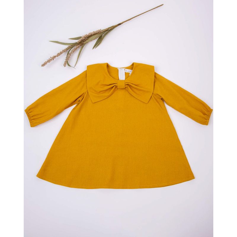 Fashion, accesorii si bijuterii - Copii - Imbracaminte copii - Rochii copii - Rochie din in galben mustar cu maneca lunga si guler amplu in forma de funda 92 cm 18-24 luni - Infinity.ro