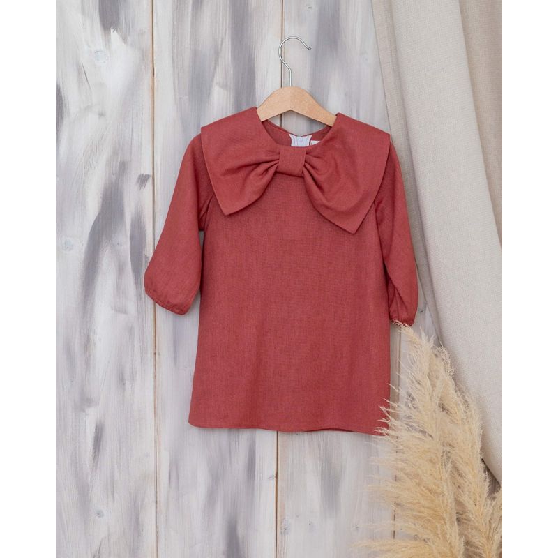 Fashion, accesorii si bijuterii - Copii - Imbracaminte copii - Rochii copii - Rochie din in roz caramiziu cu maneca lunga si guler amplu in forma de funda 98 cm 2-3 ani - Infinity.ro