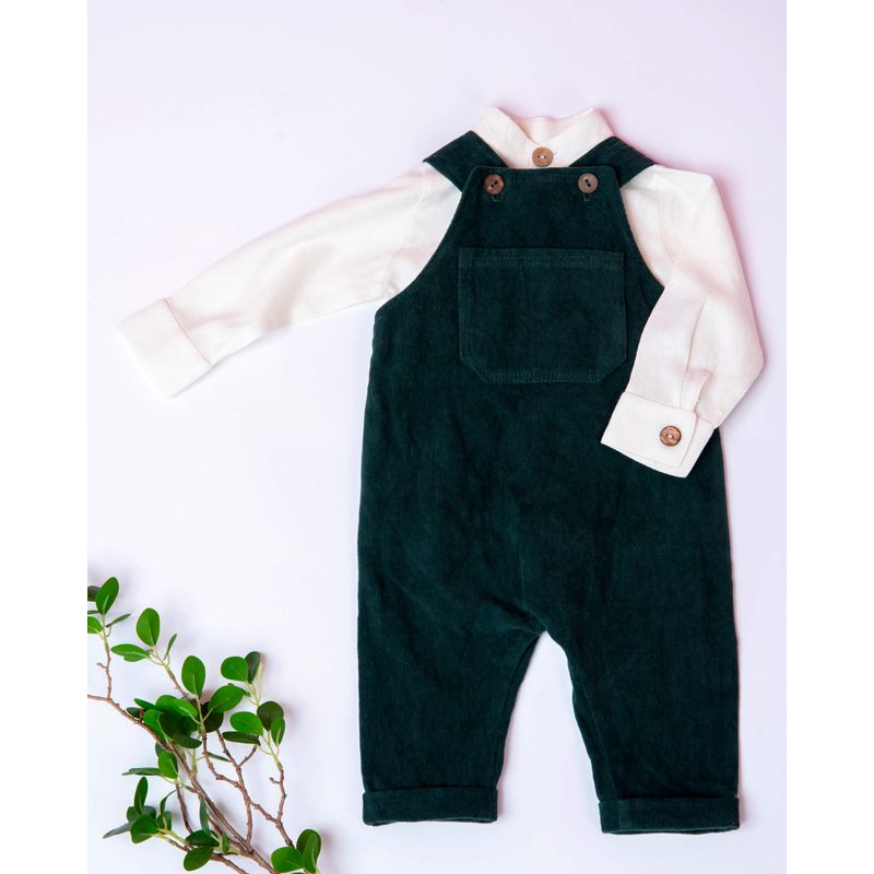 Fashion, accesorii si bijuterii - Copii - Imbracaminte copii - Treninguri si compleuri copii - Set cu salopeta de catifea verde si camasa din in 74 cm 6-9 luni - Infinity.ro