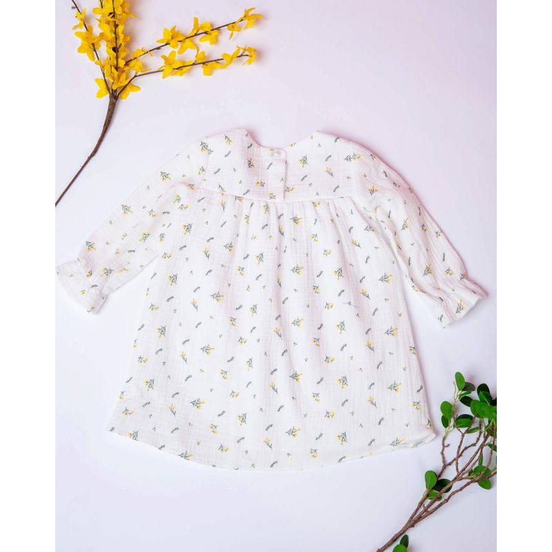 Fashion, accesorii si bijuterii - Copii - Imbracaminte copii - Rochii copii - Rochie din muselina cu imprimeu floricele mici galbene si frunze 80 cm 6-12 luni - Infinity.ro