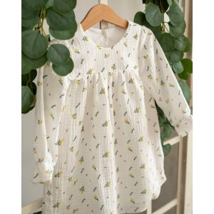 Rochie din muselina cu imprimeu floricele mici galbene si frunze 80 cm 6-12 luni