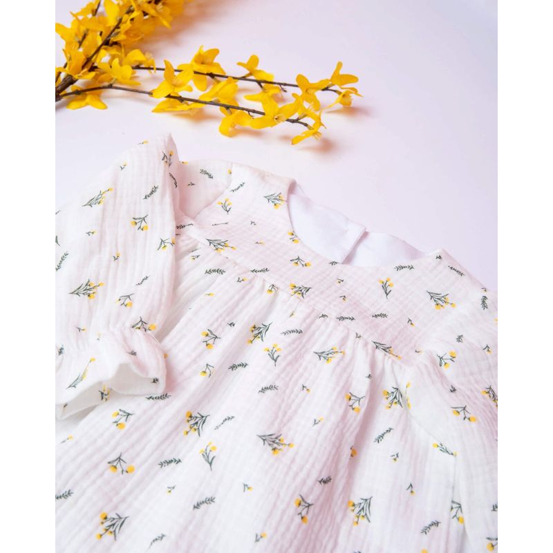 Fashion, accesorii si bijuterii - Copii - Imbracaminte copii - Rochii copii - Rochie din muselina cu imprimeu floricele mici galbene si frunze 80 cm 6-12 luni - Infinity.ro
