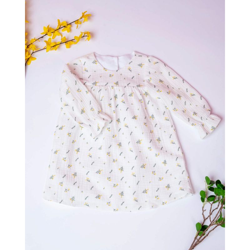 Fashion, accesorii si bijuterii - Copii - Imbracaminte copii - Rochii copii - Rochie din muselina cu imprimeu floricele mici galbene si frunze 80 cm 6-12 luni - Infinity.ro