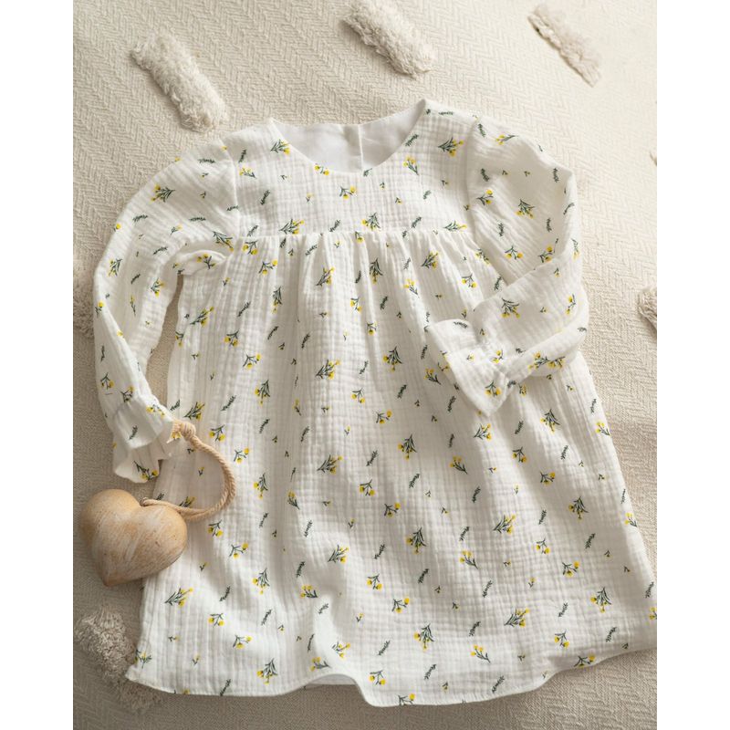 Fashion, accesorii si bijuterii - Copii - Imbracaminte copii - Rochii copii - Rochie din muselina cu imprimeu floricele mici galbene si frunze 80 cm 6-12 luni - Infinity.ro