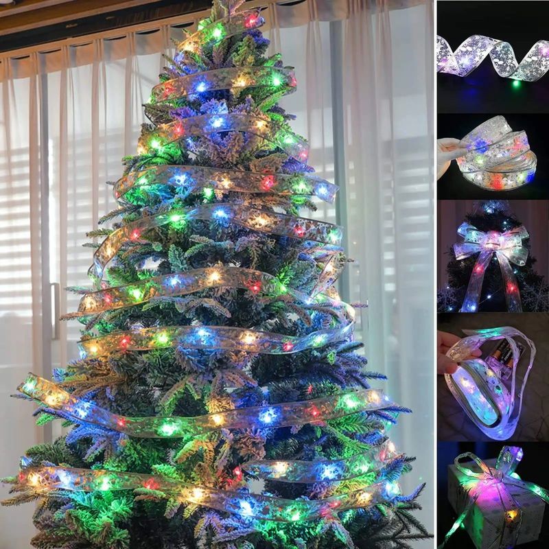 Casa si Gradina - Decoratiuni - Decoratiuni de sezon - Set 2 Panglici Luminoase pentru Craciun, 5m, 50 de LED-uri RGB, cu Baterii, Lumina Multicolora, Argintiu - Infinity.ro