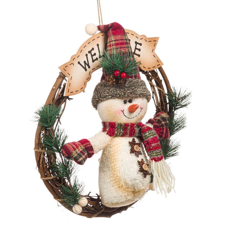 Casa si Gradina - Decoratiuni - Decoratiuni de sezon - Decoratiune craciun lemn, om de zapada, 35cm, multicolor, mesaj „welcome” - Infinity.ro