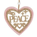 Casa si Gradina - Decoratiuni - Decoratiuni de sezon - Ornament brad craciun lemn, model inima, glitter bej, roz, mesaj peace, 10cm - Infinity.ro