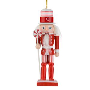 Decoratiune craciun lemn, soldat ornament suspendabil, uniforma rosie si alba, inaltime 13cm