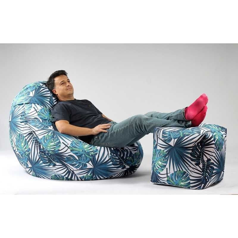 Casa si Gradina - Mobilier - Scaune si fotolii - Fotolii - Fotoliu Nirvana Gigant cu Taburet Cub XL, material impermeabil,  Frunze Tropicale - Infinity.ro