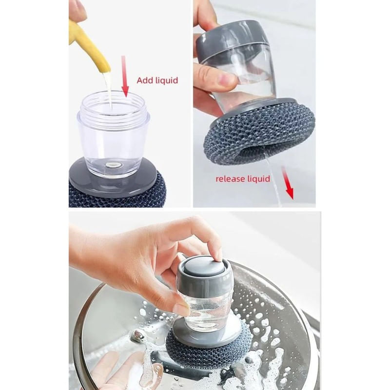 Market - Curatenie si intretinere casa - Produse bucatarie - Lavete si bureti - Set 4 bureti de sarma si recipient pentru depozitare lichid spalat vase din plastic, 10 x 9 cm, Gri - Infinity.ro