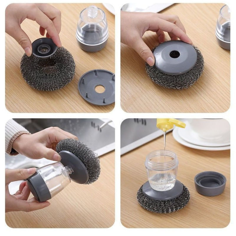 Market - Curatenie si intretinere casa - Produse bucatarie - Lavete si bureti - Set 4 bureti de sarma si recipient pentru depozitare lichid spalat vase din plastic, 10 x 9 cm, Gri - Infinity.ro