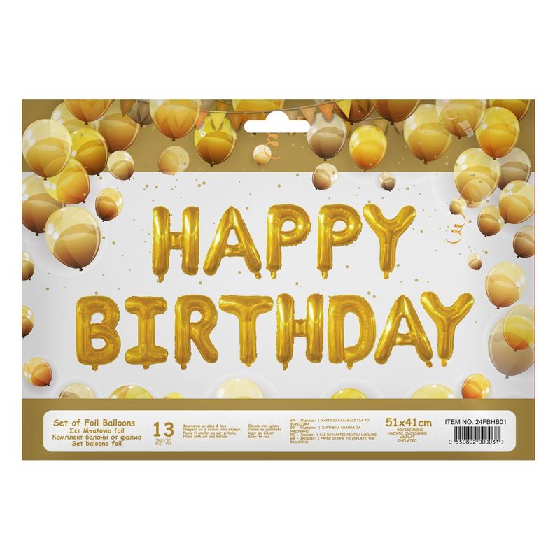 Casa si Gradina - Decoratiuni - Decoratiuni petrecere - Baloane - Set baloane petrecere, model "happy birthday", metalizate, auriu, 41 x 51cm, 13 bucati - Infinity.ro