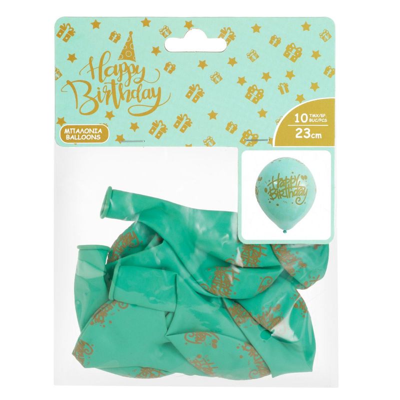 Casa si Gradina - Decoratiuni - Decoratiuni petrecere - Baloane - Baloane latex set 10 bucati, imprimeu happy birthday, verde menta-auriu, 23cm - Infinity.ro