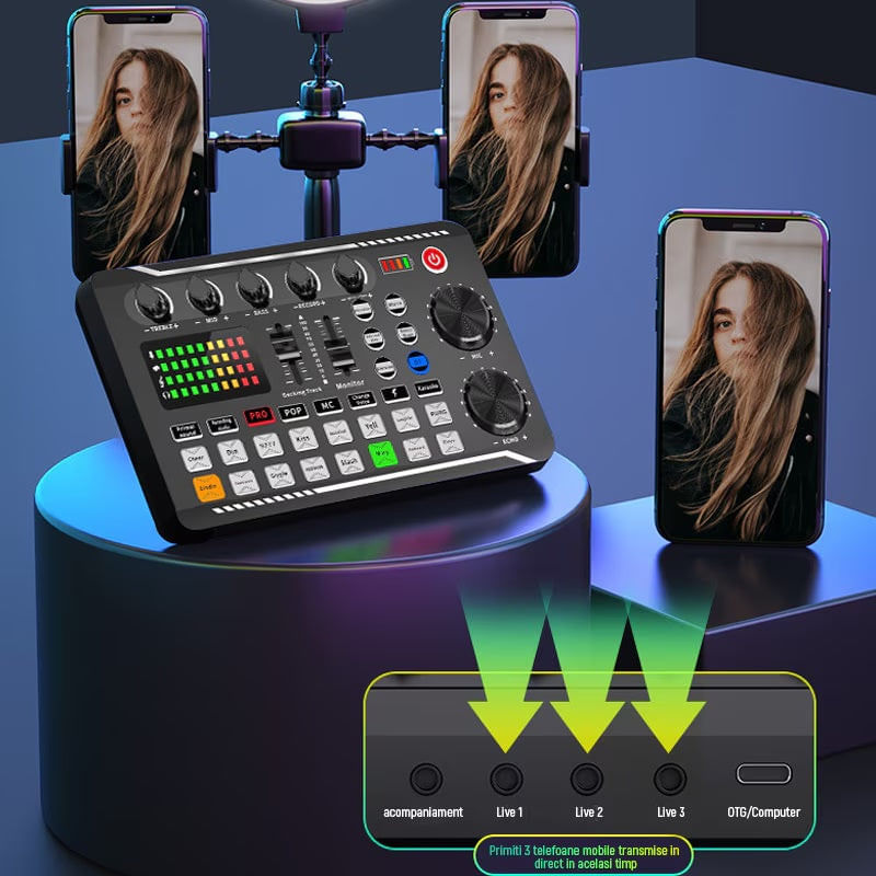 TV, Audio-Video si Foto - Audio profesionale - Procesoare sunet - Placa de sunet bluetooth, cu mixer audio, schimbator de voce, 18 efecte de sunet live si mixer pentru microfoane, negru - Infinity.ro