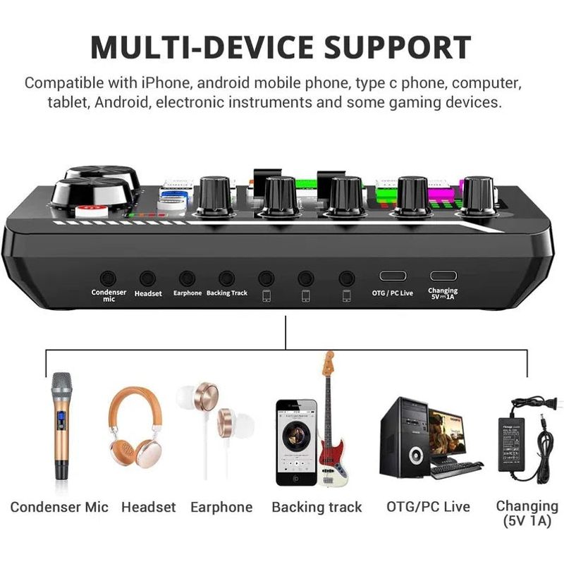 TV, Audio-Video si Foto - Audio profesionale - Procesoare sunet - Placa de sunet bluetooth, cu mixer audio, schimbator de voce, 18 efecte de sunet live si mixer pentru microfoane, negru - Infinity.ro