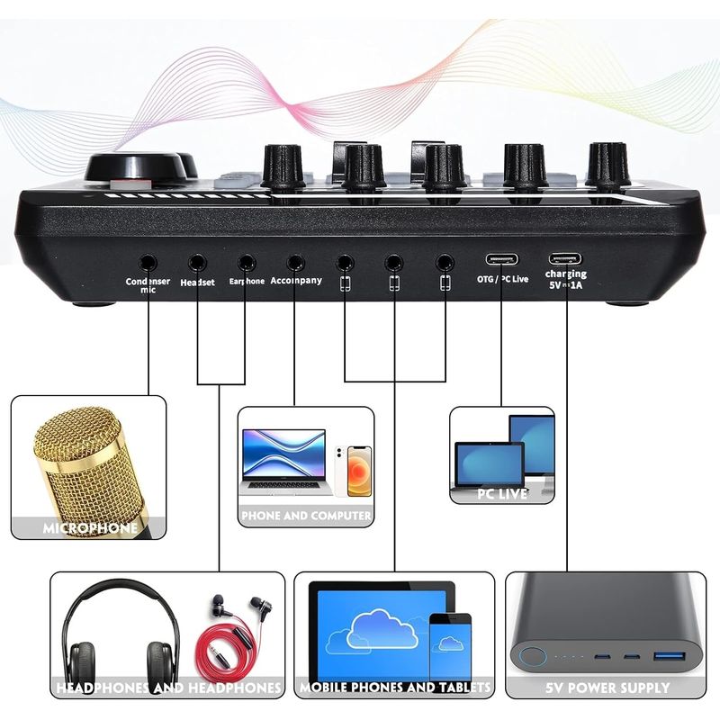 TV, Audio-Video si Foto - Audio profesionale - Procesoare sunet - Placa de sunet bluetooth, cu mixer audio, schimbator de voce, 18 efecte de sunet live si mixer pentru microfoane, negru - Infinity.ro