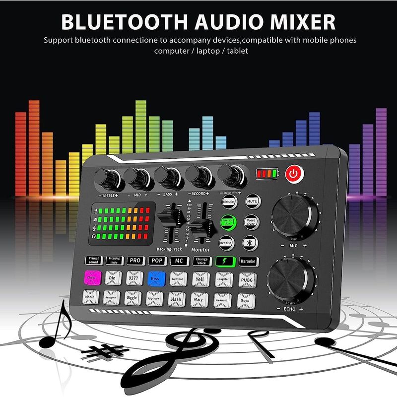 TV, Audio-Video si Foto - Audio profesionale - Procesoare sunet - Placa de sunet bluetooth, cu mixer audio, schimbator de voce, 18 efecte de sunet live si mixer pentru microfoane, negru - Infinity.ro