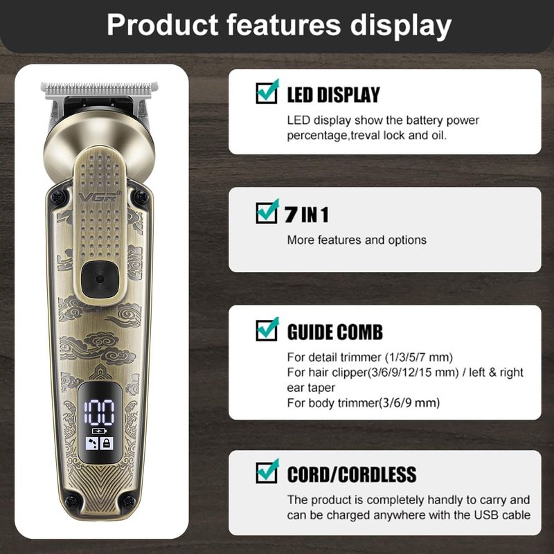 Ingrijire personala si Cosmetice - Aparate & accesorii ingrijire personala - Aparate de ras si tuns - Aparate de tuns - Aparat de Tuns Fara Fir, V-095, 7 in 1, 25 Accesorii, Baterie 1200mAh, 6500rpm, IPX6, Auriu - Infinity.ro