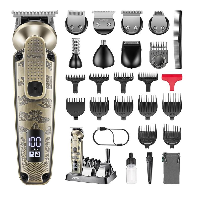 Ingrijire personala si Cosmetice - Aparate & accesorii ingrijire personala - Aparate de ras si tuns - Aparate de tuns - Aparat de Tuns Fara Fir, V-095, 7 in 1, 25 Accesorii, Baterie 1200mAh, 6500rpm, IPX6, Auriu - Infinity.ro