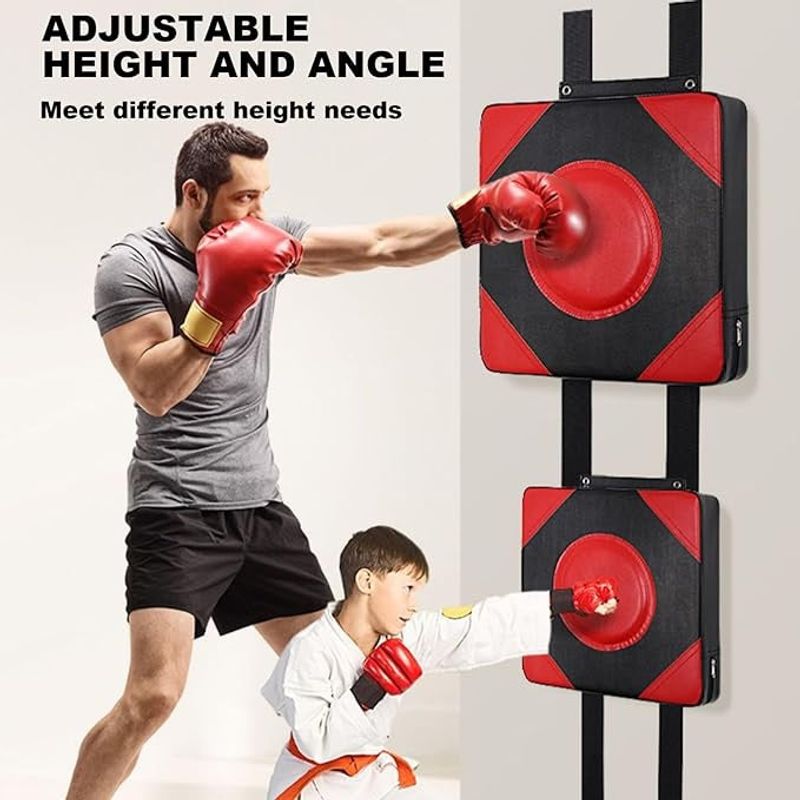 Jucarii, Copii si Bebe - Jucarii si jocuri - Jucarii & jocuri educative - Jocuri si jucarii educative - Perna Box cu Montaj pe Perete si Manusi de Box, pentru copii 5 ani+ si Adulti, 37x37x10cm, Rosu-Negru - Infinity.ro