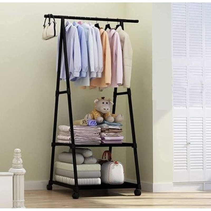 Casa si Gradina - Mobilier - Organizare si depozitare - Umerase si valeti - Suport triunghiular multifunctional pentru haine si nu numai, cu etajera si roti - Infinity.ro