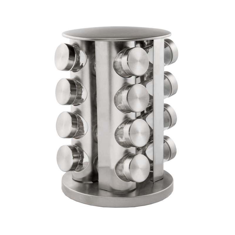 Casa si Gradina - Bucatarie si vesela - Ustensile bucatarie - Rasnite si dozatoare condimente - Set 16 Recipiente din Sticla pentru Condimente si Suport/Organizator Rotativ din Inox - Infinity.ro