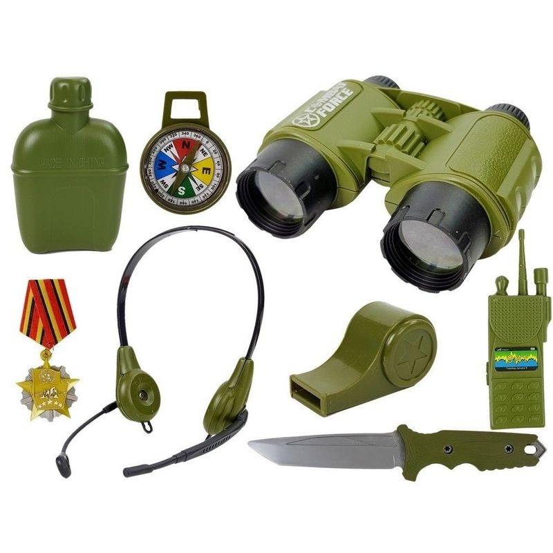 Jucarii, Copii si Bebe - Jucarii si jocuri - Jucarii de rol - Arme de jucarie - Set de joaca pentru copii, pistol cu toc, binoclu si diverse accesorii de armata, LeanToys, 7865 - Infinity.ro