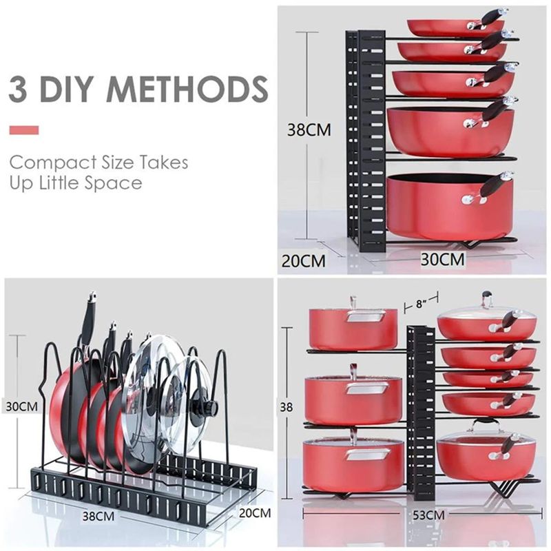 Casa si Gradina - Bucatarie si vesela - Organizare si depozitare bucatarie - Suporturi tacamuri si vase - Suport organizator metalic reglabil pentru oale si tigai cu 8 rafturi - Infinity.ro