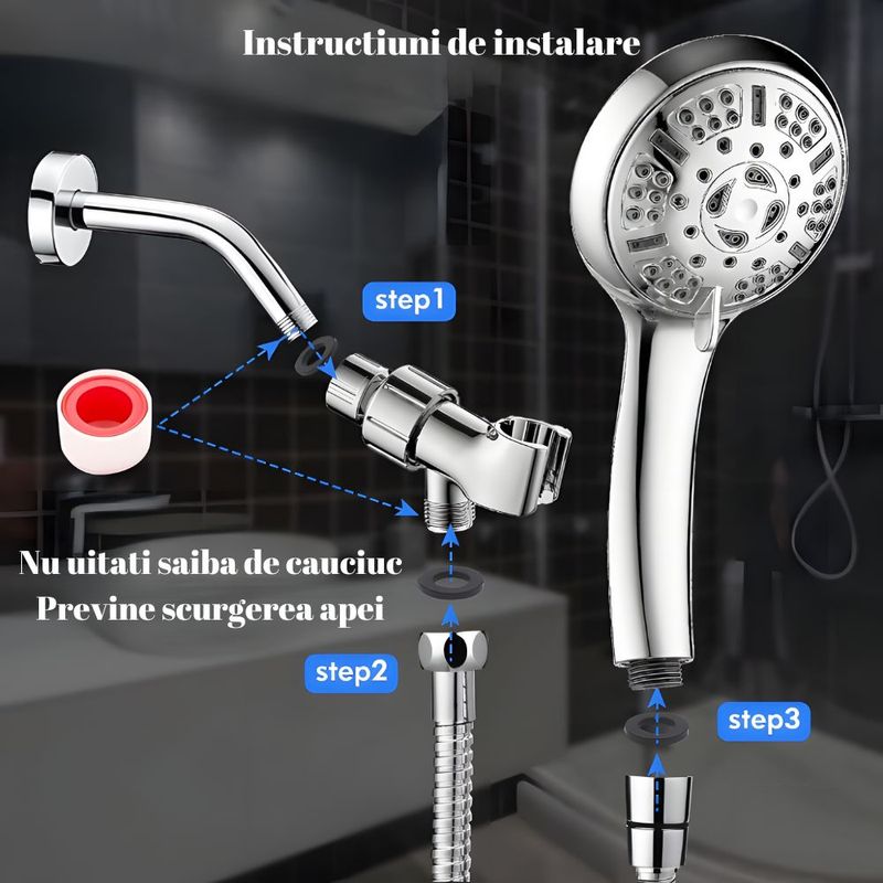Casa si Gradina - Sanitare - Cazi si cabine de dus - Coloane si seturi de dus - Cap de dus de inalta presiune, 9 functii, Suport reglabil, Furtun flexibil de 1.5 m, Cromat - Infinity.ro