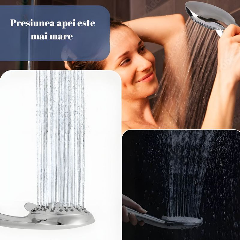 Casa si Gradina - Sanitare - Cazi si cabine de dus - Coloane si seturi de dus - Cap de dus de inalta presiune, 9 functii, Suport reglabil, Furtun flexibil de 1.5 m, Cromat - Infinity.ro