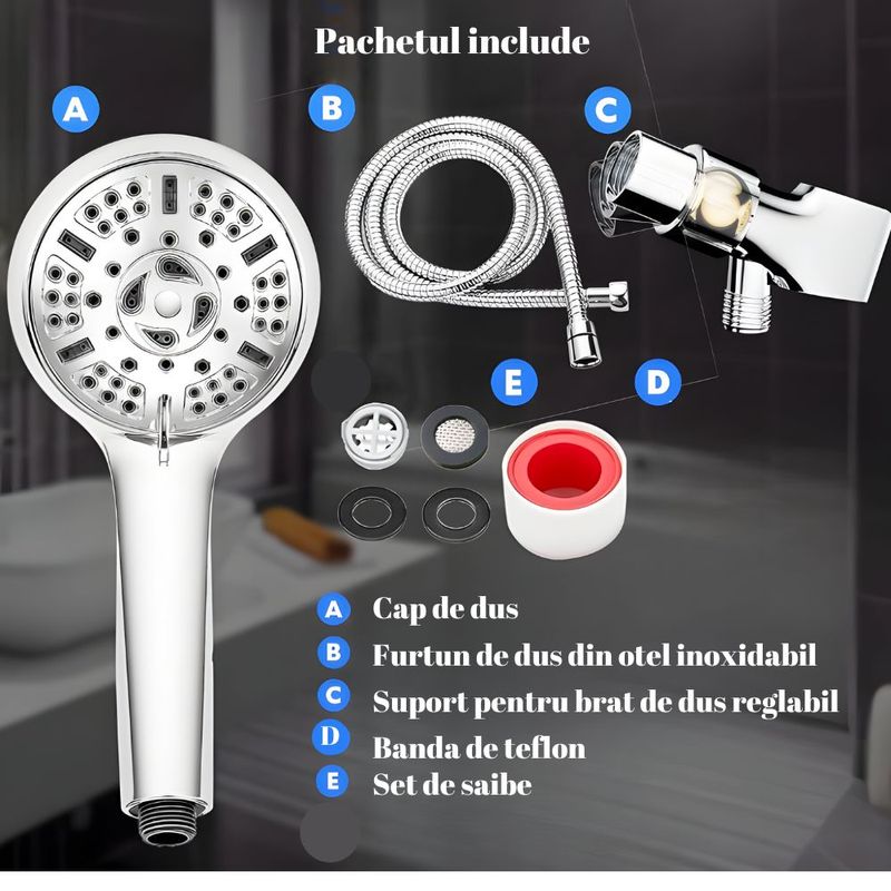 Casa si Gradina - Sanitare - Cazi si cabine de dus - Coloane si seturi de dus - Cap de dus de inalta presiune, 9 functii, Suport reglabil, Furtun flexibil de 1.5 m, Cromat - Infinity.ro