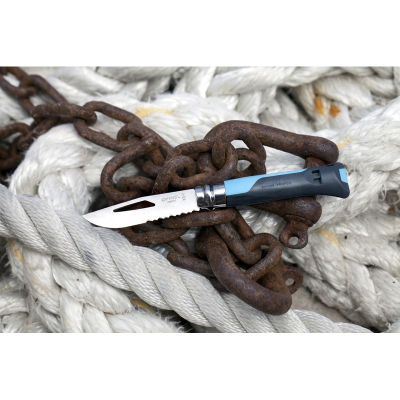 Sport si Outdoor - Camping - Cutite, bricege si accesorii - Cutite si bricege - Cutit de buzunar cu fluier N°08, inox, 8,5 cm, "Outdoor", Soft Blue - Opinel - Infinity.ro