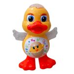 Jucarii, Copii si Bebe - Jucarii si jocuri - Jucarii & jocuri educative - Jucarii interactive - Ratusca dansatoare, cu 12 cantece si lumini, aripi miscatoare, 14 x 20 cm, pentru copii de peste 1 an, galben-portocaliu - Infinity.ro