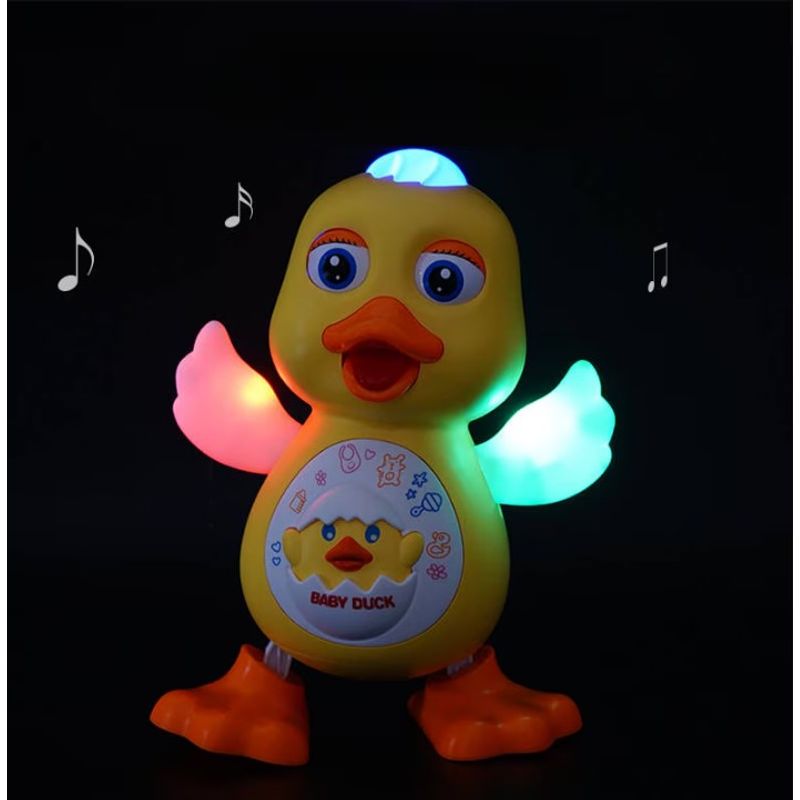 Jucarii, Copii si Bebe - Jucarii si jocuri - Jucarii & jocuri educative - Jucarii interactive - Ratusca dansatoare, cu 12 cantece si lumini, aripi miscatoare, 14 x 20 cm, pentru copii de peste 1 an, galben-portocaliu - Infinity.ro