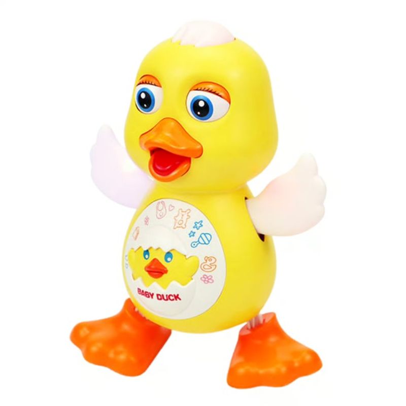 Jucarii, Copii si Bebe - Jucarii si jocuri - Jucarii & jocuri educative - Jucarii interactive - Ratusca dansatoare, cu 12 cantece si lumini, aripi miscatoare, 14 x 20 cm, pentru copii de peste 1 an, galben-portocaliu - Infinity.ro