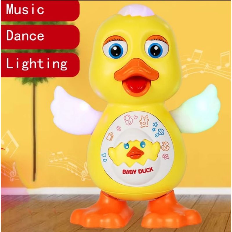 Jucarii, Copii si Bebe - Jucarii si jocuri - Jucarii & jocuri educative - Jucarii interactive - Ratusca dansatoare, cu 12 cantece si lumini, aripi miscatoare, 14 x 20 cm, pentru copii de peste 1 an, galben-portocaliu - Infinity.ro