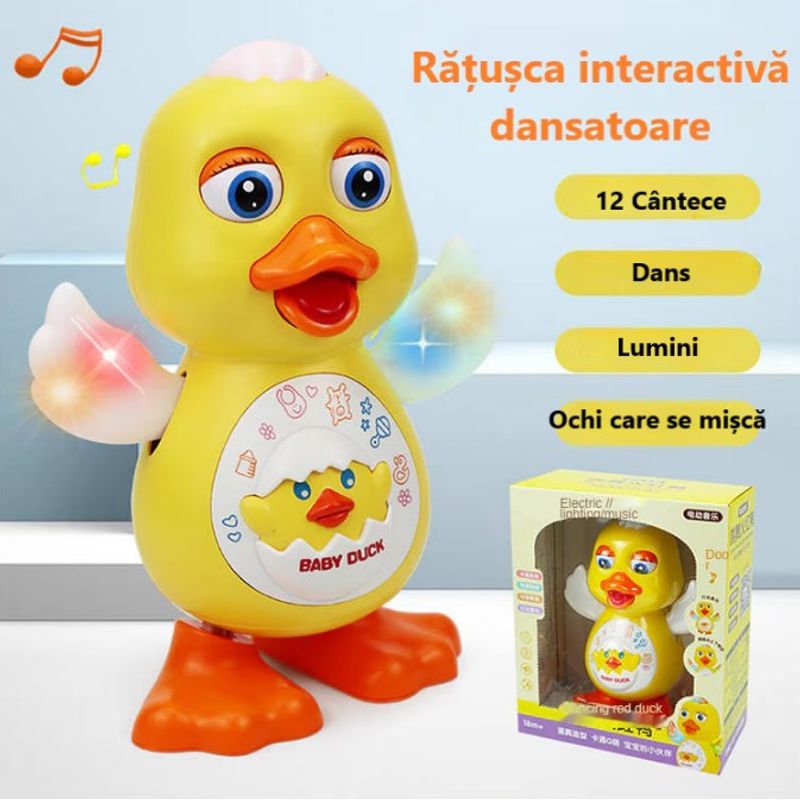 Jucarii, Copii si Bebe - Jucarii si jocuri - Jucarii & jocuri educative - Jucarii interactive - Ratusca dansatoare, cu 12 cantece si lumini, aripi miscatoare, 14 x 20 cm, pentru copii de peste 1 an, galben-portocaliu - Infinity.ro