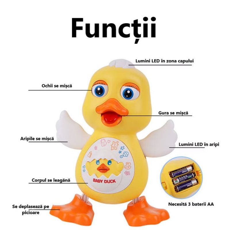 Jucarii, Copii si Bebe - Jucarii si jocuri - Jucarii & jocuri educative - Jucarii interactive - Ratusca dansatoare, cu 12 cantece si lumini, aripi miscatoare, 14 x 20 cm, pentru copii de peste 1 an, galben-portocaliu - Infinity.ro