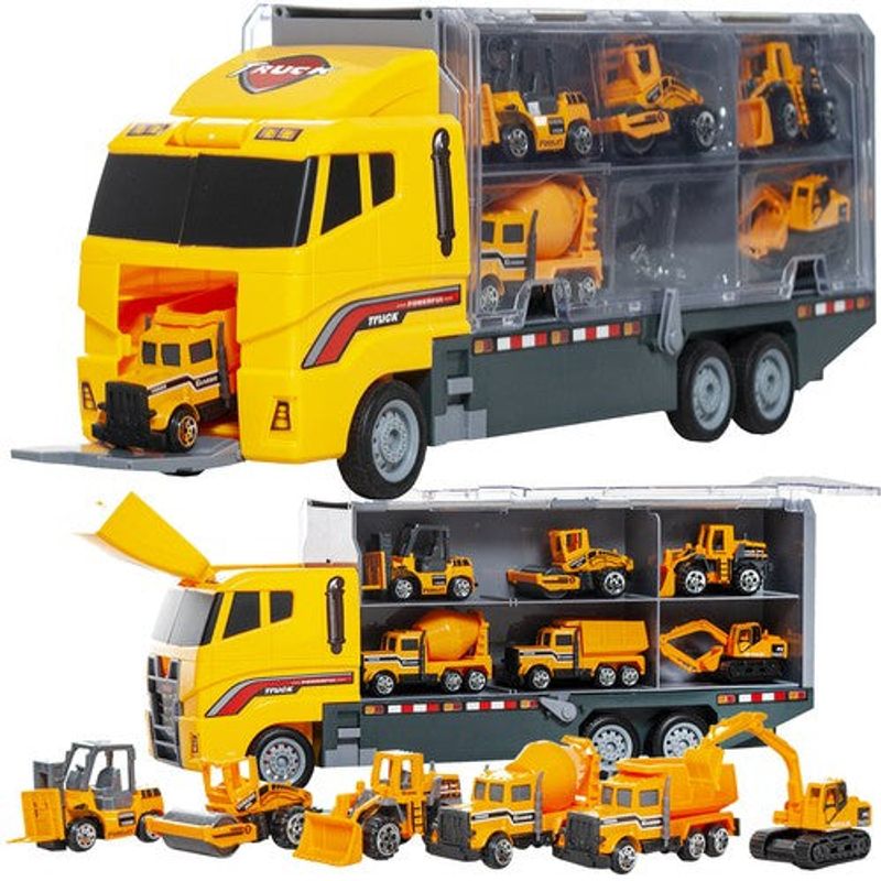 Jucarii, Copii si Bebe/Jucarii si jocuri/Vehicule si jucarii cu telecomanda/Masinute - Set jucarii cu tir si 6 camioane din plastic pentru copii de peste 3 ani - Multicoclor - Infinity.ro
