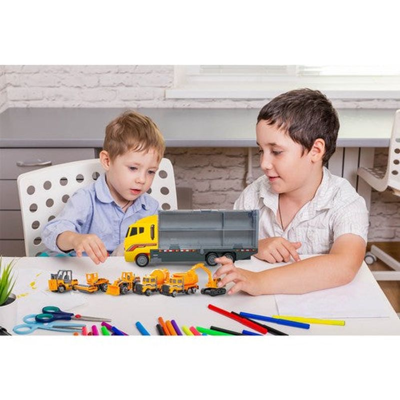 Jucarii, Copii si Bebe/Jucarii si jocuri/Vehicule si jucarii cu telecomanda/Masinute - Set jucarii cu tir si 6 camioane din plastic pentru copii de peste 3 ani - Multicoclor - Infinity.ro