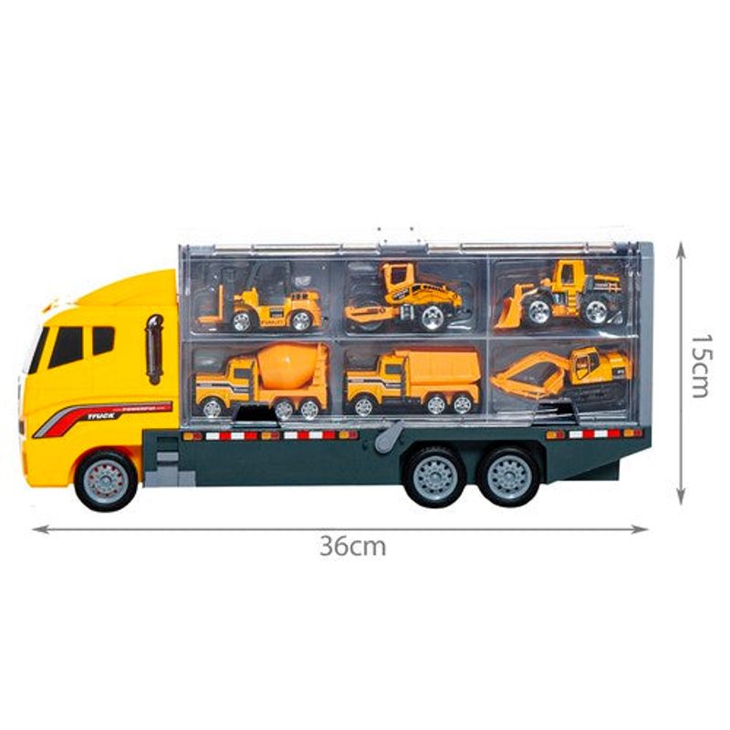 Jucarii, Copii si Bebe/Jucarii si jocuri/Vehicule si jucarii cu telecomanda/Masinute - Set jucarii cu tir si 6 camioane din plastic pentru copii de peste 3 ani - Multicoclor - Infinity.ro