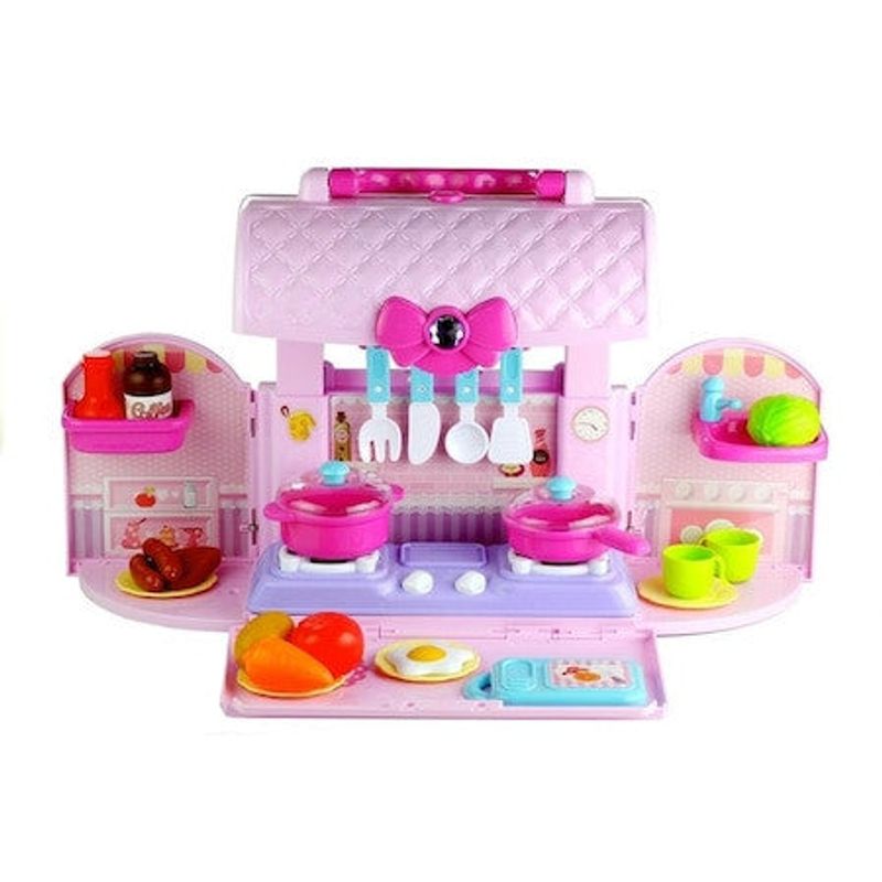 Jucarii, Copii si Bebe - Jucarii si jocuri - Jucarii de rol - Bucatarii copii - Bucatarie mini pentru copii, cu accesorii in gentuta, roz - Infinity.ro