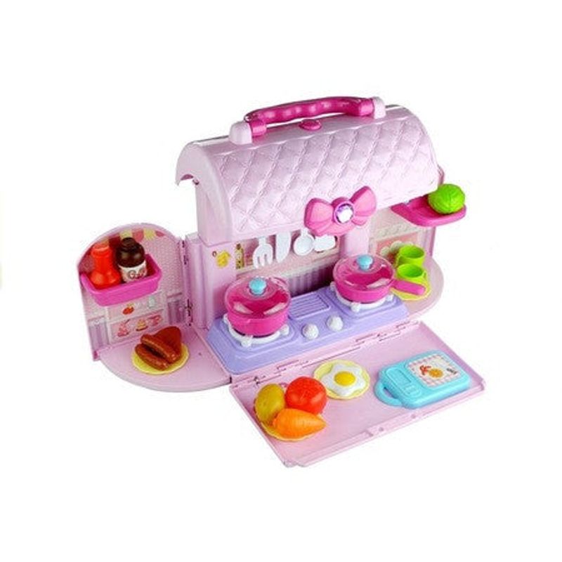 Jucarii, Copii si Bebe - Jucarii si jocuri - Jucarii de rol - Bucatarii copii - Bucatarie mini pentru copii, cu accesorii in gentuta, roz - Infinity.ro