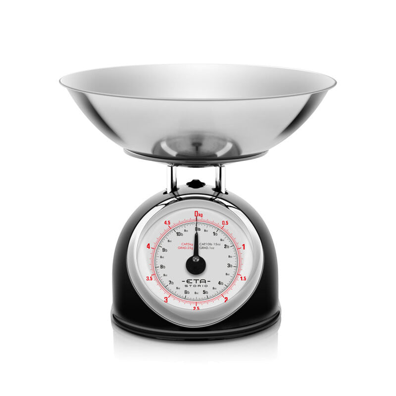 Electronice si Electrocasnice - Electrocasnice bucatarie - Mixere, tocatoare & roboti de bucatarie - Cantare de bucatarie - Cantar mecanic de bucatarie ETA Storio 5777 NEGRU, 5 kg, precizie 25g, vas 5 L din otel inoxidabil - Infinity.ro